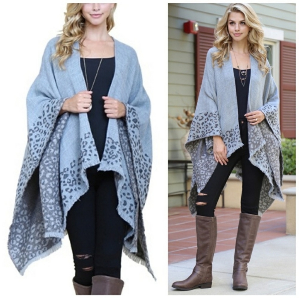 Gray Leopard Print Poncho Sweater